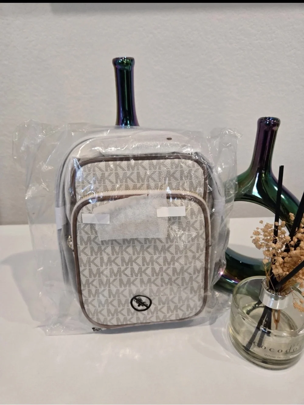Michael Kors Cream Logo Mini Backpack with Tan Trim